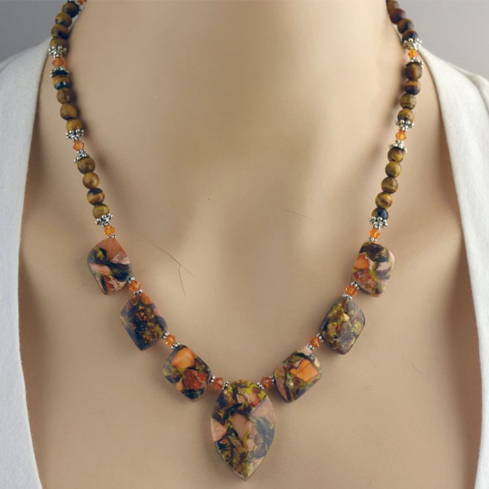 Tiger Eye & Mosaic Jasper Crystal Necklace Set
